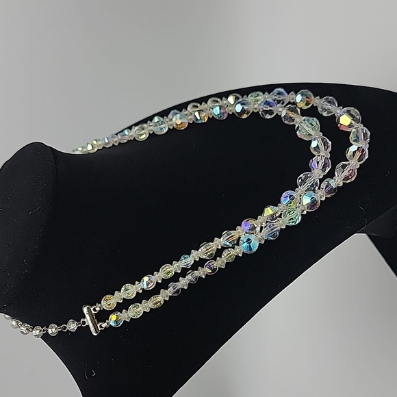 VTG Elegant 2 Strand Silver Crystal AB Aurora Borealis Necklace 15-18" Extender - Picture 3 of 5